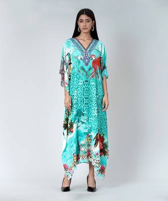Turquoise Animal Print Embellished Silk Full Length Kaftan 2