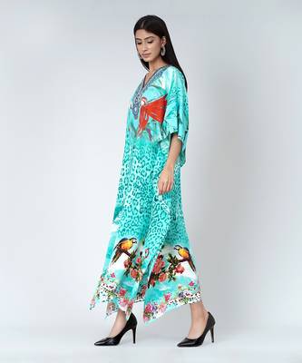 Turquoise Animal Print Embellished Silk Full Length Kaftan 3