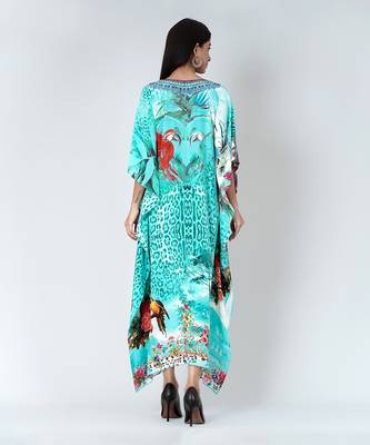 Turquoise Animal Print Embellished Silk Full Length Kaftan 4
