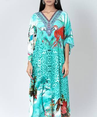 Turquoise Animal Print Embellished Silk Full Length Kaftan 5