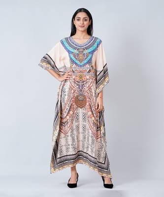 Beige Zebra Print Embellished Silk Full Length Kaftan 1