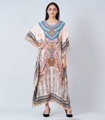 Beige Zebra Print Embellished Silk Full Length Kaftan