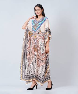 Beige Zebra Print Embellished Silk Full Length Kaftan 2