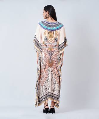 Beige Zebra Print Embellished Silk Full Length Kaftan 3
