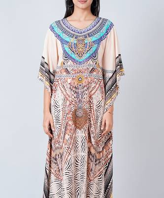 Beige Zebra Print Embellished Silk Full Length Kaftan 4