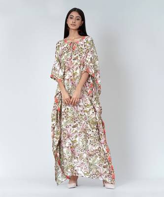 Green Floral Print Full Length Kaftan 1
