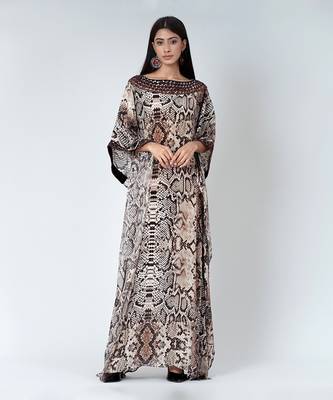 Brown Animal Print Embroidered Full Length Kaftan 1