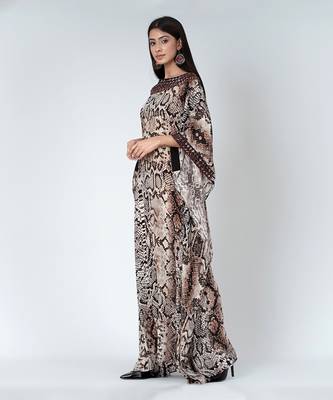 Brown Animal Print Embroidered Full Length Kaftan 3