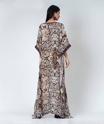 Brown Animal Print Embroidered Full Length Kaftan 4