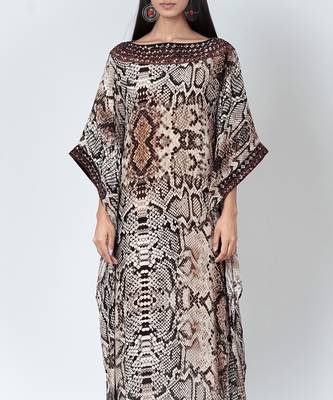 Brown Animal Print Embroidered Full Length Kaftan 5