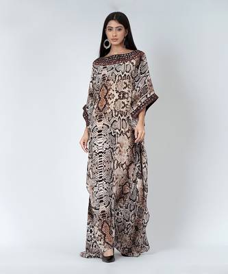 Brown Animal Print Embroidered Full Length Kaftan 6