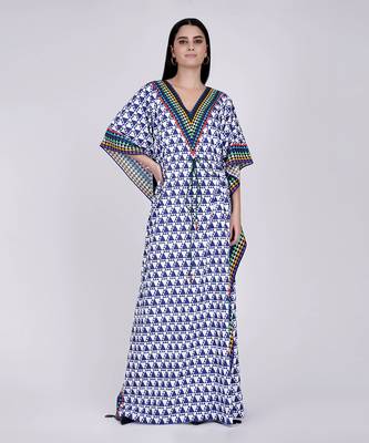 Blue And White Triangle Geometric Print Full Length Kaftan 1