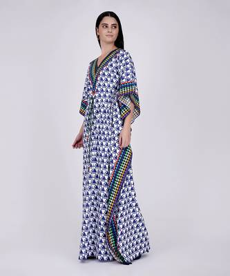 Blue And White Triangle Geometric Print Full Length Kaftan 2