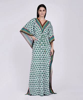 Green And White Triangle Geometric Print Full Length Kaftan 1