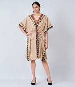 Brown Tribal Mid Length Kaftan With Mirror Lace