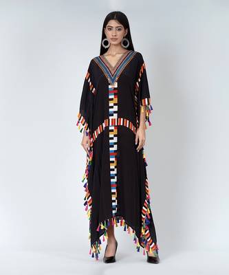 Black Geometric Mid Length Kaftan With Lace 1