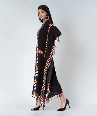 Black Geometric Mid Length Kaftan With Lace 2