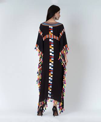 Black Geometric Mid Length Kaftan With Lace 4