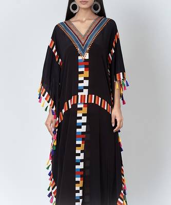 Black Geometric Mid Length Kaftan With Lace 5