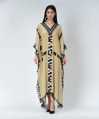 Olive Green Geometric Mid Length Kaftan With Lace 1