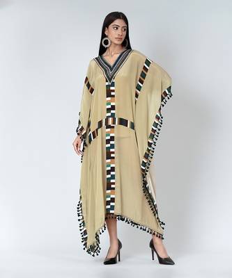 Olive Green Geometric Mid Length Kaftan With Lace 2