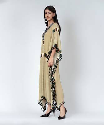 Olive Green Geometric Mid Length Kaftan With Lace 3
