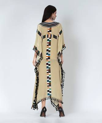 Olive Green Geometric Mid Length Kaftan With Lace 4
