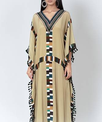 Olive Green Geometric Mid Length Kaftan With Lace 5