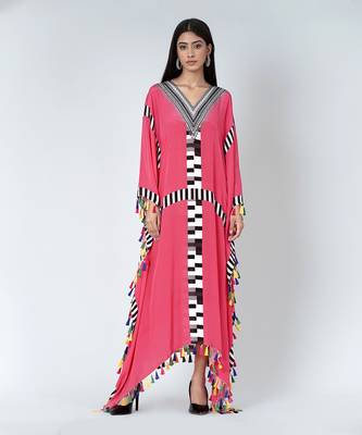 Pink Geometric Mid Length Kaftan With Lace 1