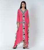 Pink Geometric Mid Length Kaftan With Lace