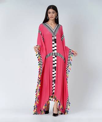 Pink Geometric Mid Length Kaftan With Lace 2