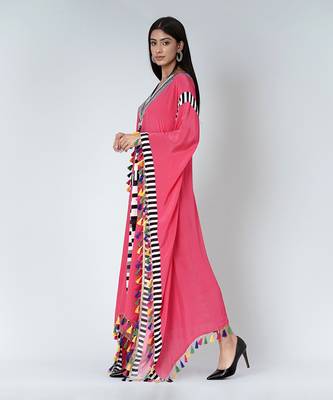 Pink Geometric Mid Length Kaftan With Lace 4
