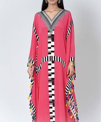 Pink Geometric Mid Length Kaftan With Lace 6