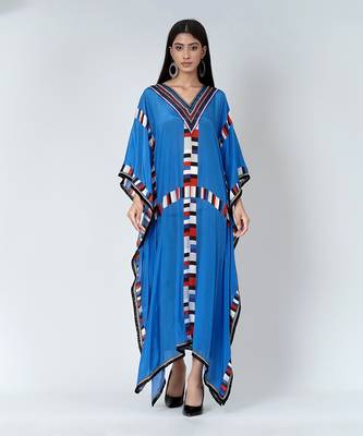 Royal Blue Geometric Mid Length Kaftan With Lace 1
