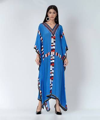 Royal Blue Geometric Mid Length Kaftan With Lace 2