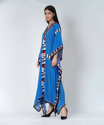 Royal Blue Geometric Mid Length Kaftan With Lace 3