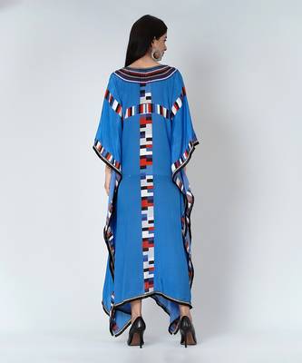 Royal Blue Geometric Mid Length Kaftan With Lace 4