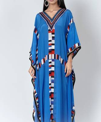 Royal Blue Geometric Mid Length Kaftan With Lace 5
