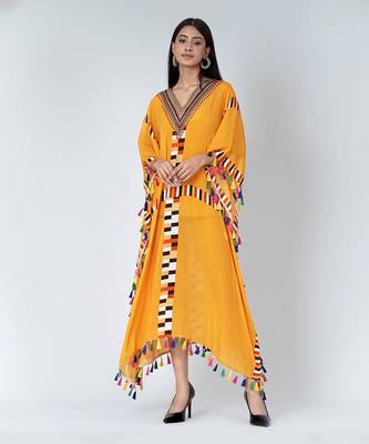 Yellow Geometric Mid Length Kaftan With Lace 1