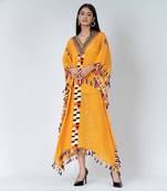 Yellow Geometric Mid Length Kaftan With Lace