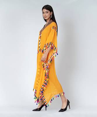 Yellow Geometric Mid Length Kaftan With Lace 2