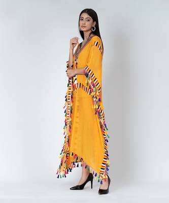 Yellow Geometric Mid Length Kaftan With Lace 3