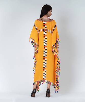 Yellow Geometric Mid Length Kaftan With Lace 4