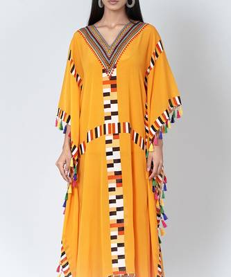 Yellow Geometric Mid Length Kaftan With Lace 5