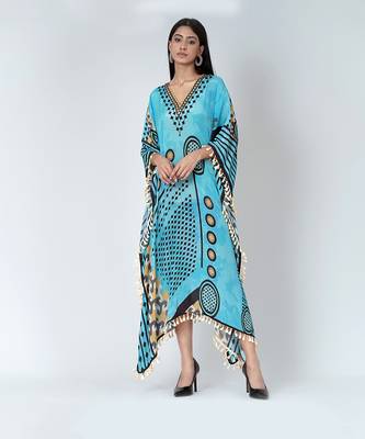 Blue Aztec Mid Length Kaftan 1