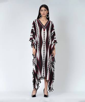 Black And Maroon Geometric Swirl Mid Length Kaftan 1