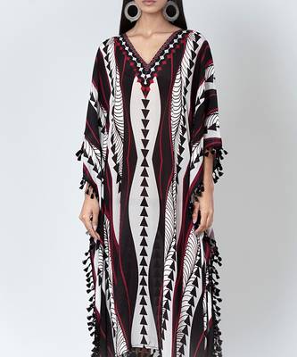 Black And Maroon Geometric Swirl Mid Length Kaftan 6