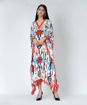 White And Orange Modern Geometric Mid Length Kaftan 2