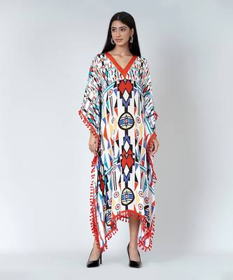 White And Orange Modern Geometric Mid Length Kaftan 3