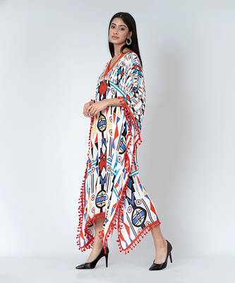 White And Orange Modern Geometric Mid Length Kaftan 4